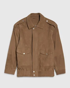 Beige Suede Oversized Bomber Jacket