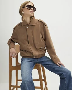 Beige Suede Oversized Bomber Jacket
