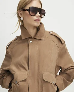 Beige Suede Oversized Bomber Jacket