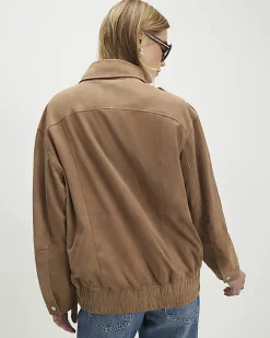Beige Suede Oversized Bomber Jacket