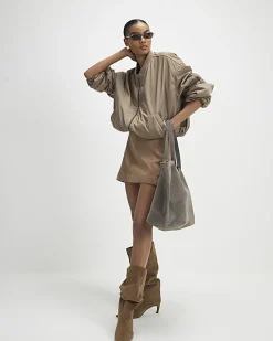 Beige Suede Seam Detail Mini Skirt