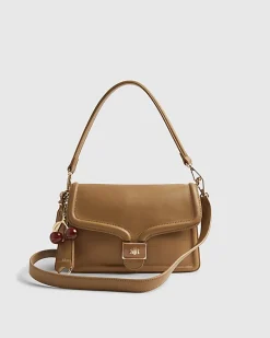 Beige Tab Front Cherry Charm Shoulder Bag
