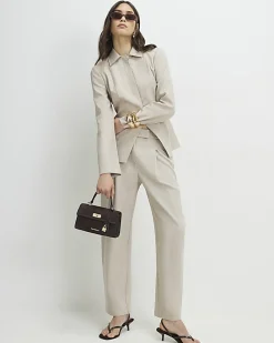 Beige Tailored Barrel Leg Trousers