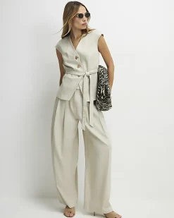 Beige Tailored Wide Leg Trousers