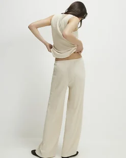Beige Texture Drawstring Wide Leg Trousers