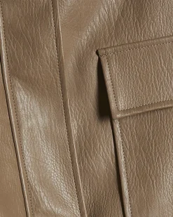 Beige Textured Faux Leather Bomber Jacket