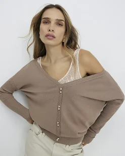 Beige V Neck Button Jumper