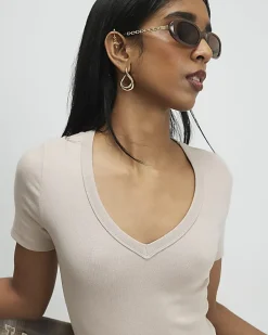 Beige V Neck T-Shirt