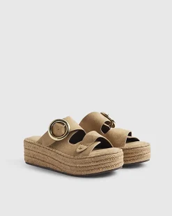 Beige Wide Fit Buckle Strap Wedge Sandals