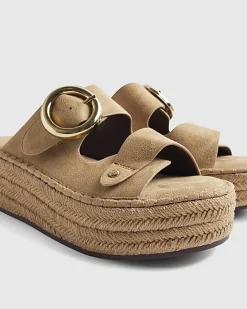Beige Wide Fit Buckle Strap Wedge Sandals