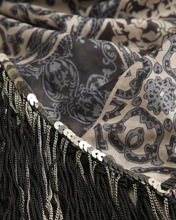 Black Abstract Print Tassel Trim Scarf