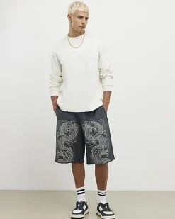 Black Bermuda Fit Japanese Dragon Shorts