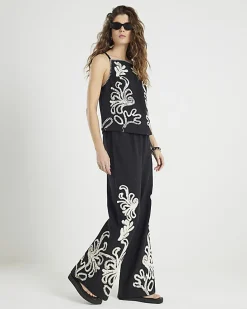 Black Broderie Wide Leg Trousers