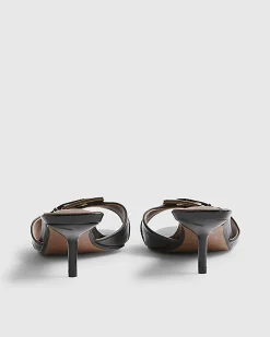 Black Buckle Pointed Heeled Mules