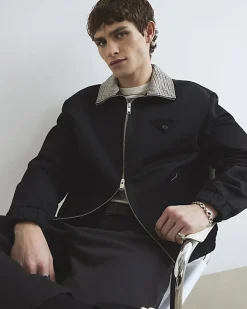 Black Check Lined Harrington Jacket