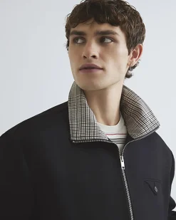 Black Check Lined Harrington Jacket