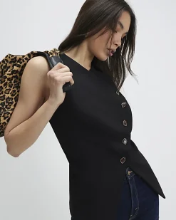 Black Collarless Asymmetric Waistcoat