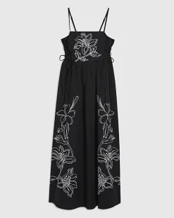 Black Cotton Broderie Tie Side Midi Dress