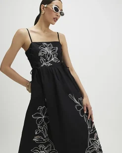 Black Cotton Broderie Tie Side Midi Dress