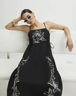 Black Cotton Broderie Tie Side Midi Dress