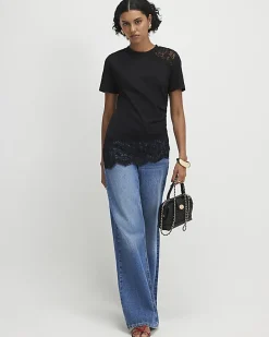 Black Cotton Short Sleeve Lace Aysmmetric Top
