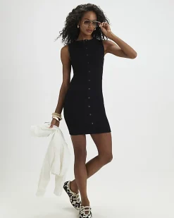 Black Cotton Sleeveless Popper Mini Dress