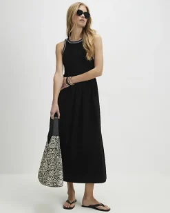 Black Cotton Sleeveless Whipstitch Maxi Dress