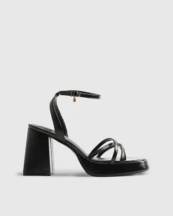 Black Cross Strap Block Heeled Sandals