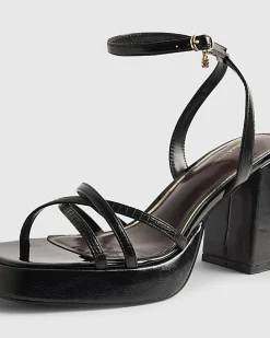 Black Cross Strap Block Heeled Sandals