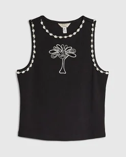 Black Cutwork Palm Tree Ribbed Vest Top