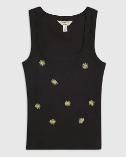 Black Daisy Embellished Tank Top