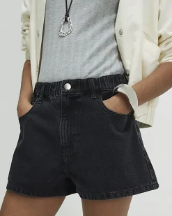 Black Elasticated A Line Denim Shorts
