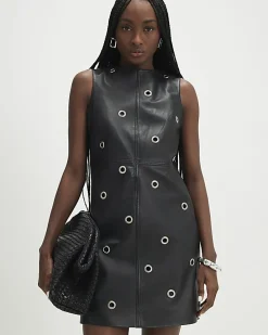 Black Eyelet Stud Leather Dress