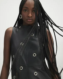 Black Eyelet Stud Leather Dress