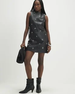 Black Eyelet Stud Leather Dress