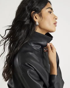 Black Faux Leather Bubble Hem Bomber Jacket