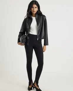 Black Faux Leather Bubble Hem Bomber Jacket