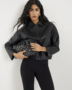 Black Faux Leather Bubble Hem Bomber Jacket