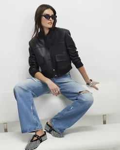 Black Faux Leather Cropped Bomber Jacket