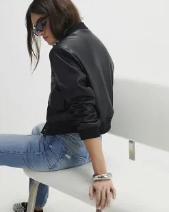 Black Faux Leather Cropped Bomber Jacket