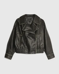 Black Faux Leather Double Breasted Jacket