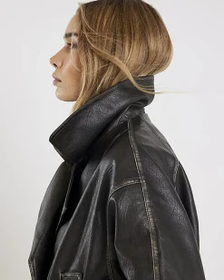 Black Faux Leather Double Breasted Jacket