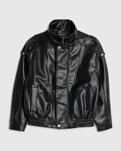 Black Faux Leather Funnel Neck Biker Jacket