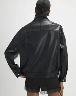 Black Faux Leather Funnel Neck Biker Jacket