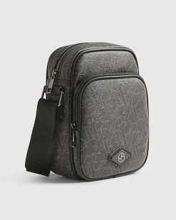 Black Faux Leather Monogram Cross Body Bag