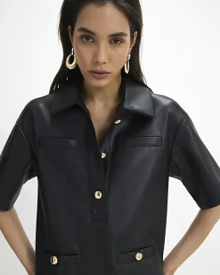 Black Faux Leather Pocket Detail Shirt Dress