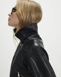 Black Faux Leather Waisted Biker Jacket