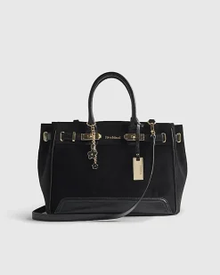 Black Faux Suede Soft Lock Front Tote Bag
