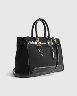 Black Faux Suede Soft Lock Front Tote Bag