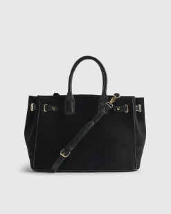 Black Faux Suede Soft Lock Front Tote Bag